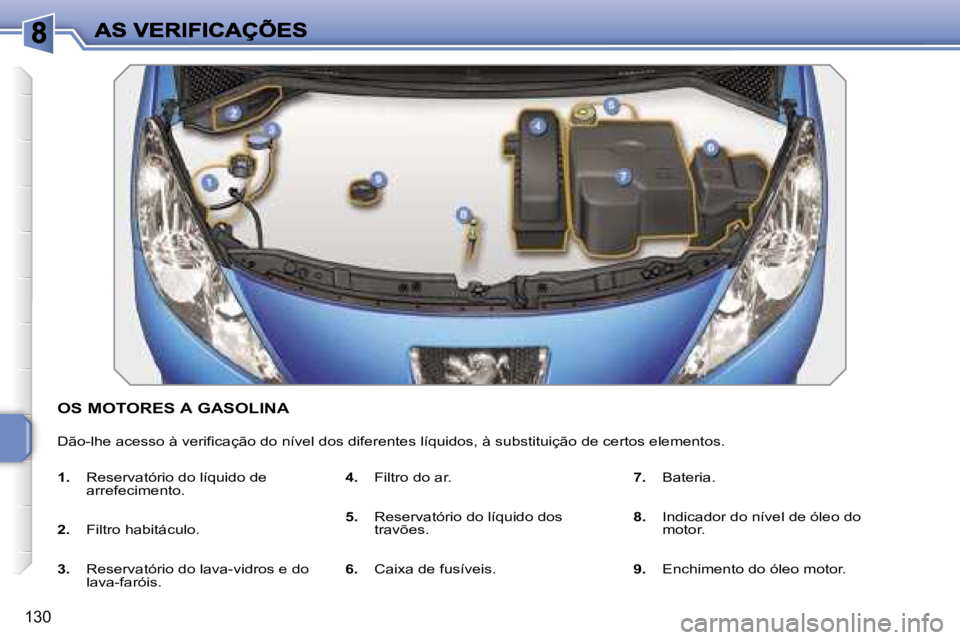 PEUGEOT 207 2007  Manual de utilização (in Portuguese) �1�3�0
�O�S� �M�O�T�O�R�E�S� �A� �G�A�S�O�L�I�N�A
�D�ã�o�-�l�h�e� �a�c�e�s�s�o� �à� �v�e�r�i�f�i�c�a�ç�ã�o� �d�o� �n�í�v�e�l� �d�o�s� �d�i�f�e�r�e�n�t�e�s� �l�í�q�u�i�d�o�s�,� �à� �s�u�b�s�t�i�