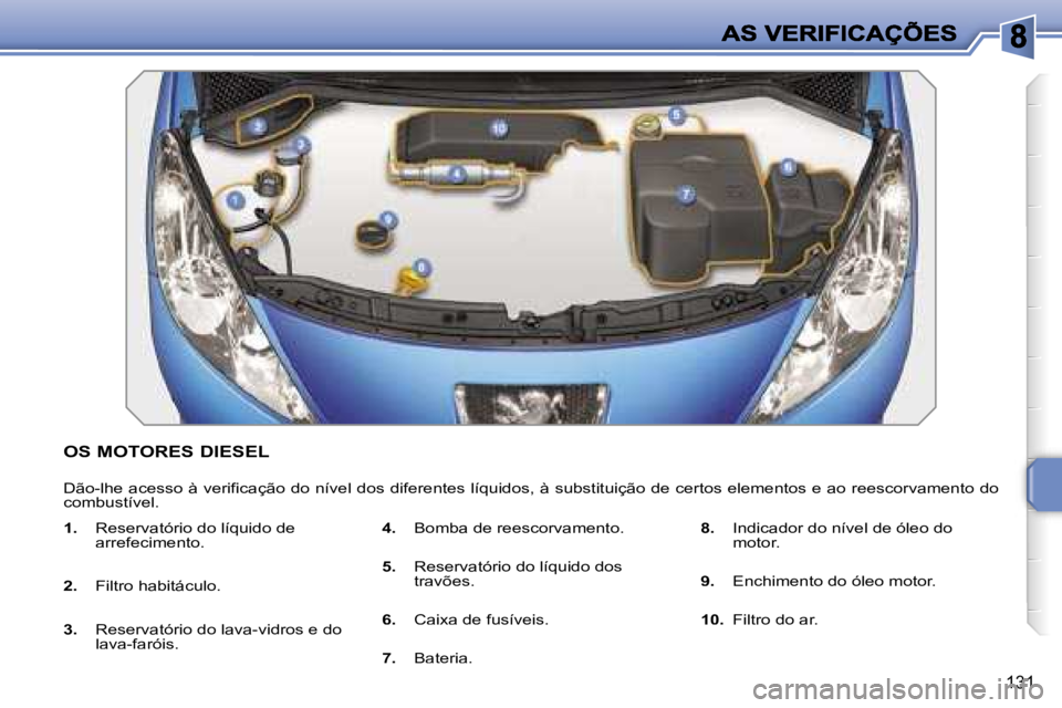 PEUGEOT 207 2007  Manual de utilização (in Portuguese) �1�3�1
�O�S� �M�O�T�O�R�E�S� �D�I�E�S�E�L
�D�ã�o�-�l�h�e� �a�c�e�s�s�o� �à� �v�e�r�i�f�i�c�a�ç�ã�o� �d�o� �n�í�v�e�l� �d�o�s� �d�i�f�e�r�e�n�t�e�s� �l�í�q�u�i�d�o�s�,� �à� �s�u�b�s�t�i�t�u�i�ç