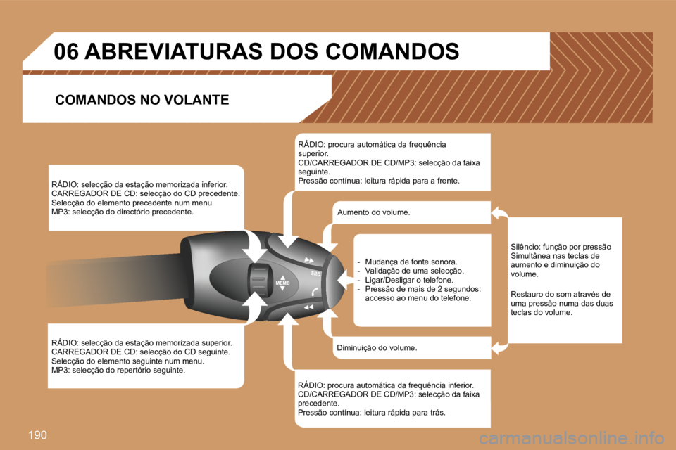 PEUGEOT 207 2007  Manual de utilização (in Portuguese) �1�9�0
�R�Á�D�I�O�:� �s�e�l�e�c�ç�ã�o� �d�a� �e�s�t�a�ç�ã�o� �m�e�m�o�r�i�z�a�d�a� �i�n�f�e�r�i�o�r�.�C�A�R�R�E�G�A�D�O�R� �D�E� �C�D�:� �s�e�l�e�c�ç�ã�o� �d�o� �C�D� �p�r�e�c�e�d�e�n�t�e�.�S�e