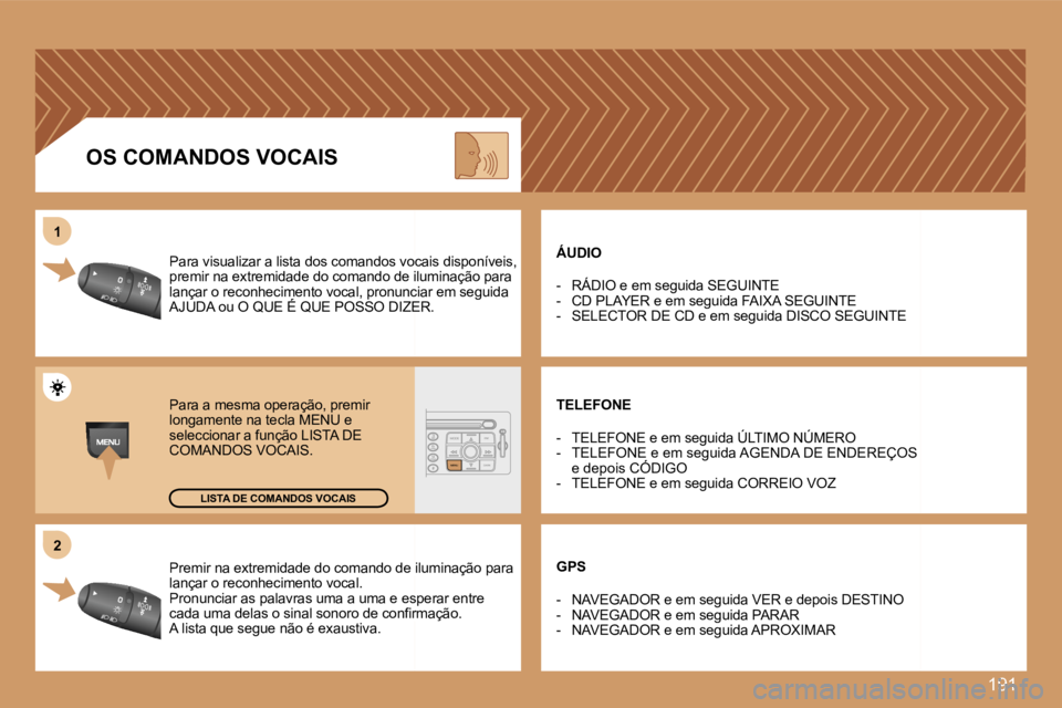 PEUGEOT 207 2007  Manual de utilização (in Portuguese) �1�9�1
�2�2
�1�1
�P�r�e�m�i�r� �n�a� �e�x�t�r�e�m�i�d�a�d�e� �d�o� �c�o�m�a�n�d�o� �d�e� �i�l�u�m�i�n�a�ç�ã�o� �p�a�r�a� �P�r�e�m�i�r� �n�a� �e�x�t�r�e�m�i�d�a�d�e� �d�o� �c�o�m�a�n�d�o� �d�e� �i�l�