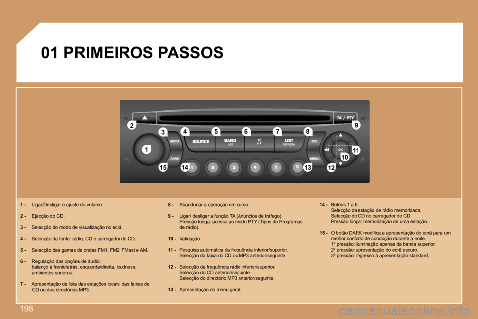 PEUGEOT 207 2007  Manual de utilização (in Portuguese) �1�9�8
�1�1
�2�2
�1�0�1�0�1�1�1�1
�1�3�1�3�1�4�1�4�1�5�1�5
�3�3�4�4�5�5�6�6�7�7�8�8�9�9
�1�2�1�2
�0�1� �P�R�I�M�E�I�R�O�S� �P�A�S�S�O�S
�1� �-�  �L�i�g�a�r�/�D�e�s�l�i�g�a�r� �e� �a�j�u�s�t�e� �d�o� �