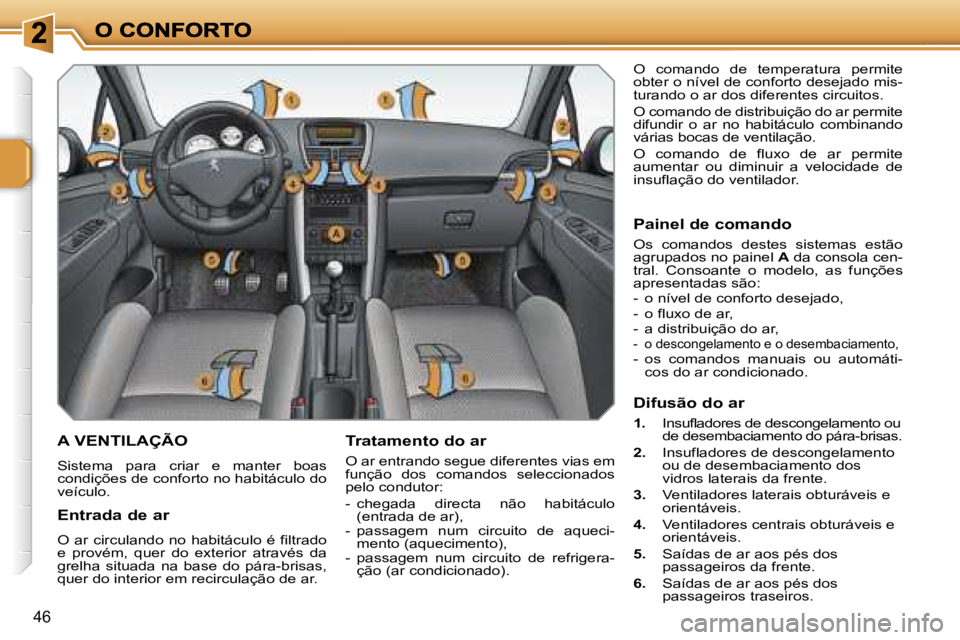 PEUGEOT 207 2007  Manual de utilização (in Portuguese) �4�6
�A� �V�E�N�T�I�L�A�Ç�Ã�O
�S�i�s�t�e�m�a�  �p�a�r�a�  �c�r�i�a�r�  �e�  �m�a�n�t�e�r�  �b�o�a�s� �c�o�n�d�i�ç�õ�e�s� �d�e� �c�o�n�f�o�r�t�o� �n�o� �h�a�b�i�t�á�c�u�l�o� �d�o� �v�e�í�c�u�l�o�