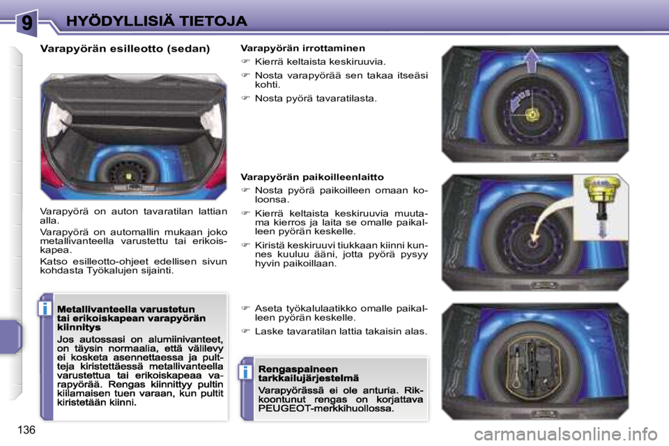PEUGEOT 207 2007  Omistajan Käsikirja (in Finnish) �i
�i
�1�3�6
�V�a�r�a�p�y�ö�r�ä�n� �e�s�i�l�l�e�o�t�t�o� �(�s�e�d�a�n�)
�V�a�r�a�p�y�ö�r�ä�  �o�n�  �a�u�t�o�n�  �t�a�v�a�r�a�t�i�l�a�n�  �l�a�t�t�i�a�n� �a�l�l�a�.
�V�a�r�a�p�y�ö�r�ä�  �o�n�  �