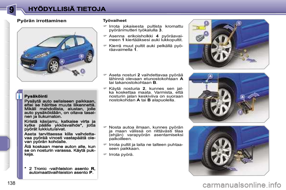 PEUGEOT 207 2007  Omistajan Käsikirja (in Finnish) �i
�1�3�8
�P�y�ö�r�ä�n� �i�r�r�o�t�t�a�m�i�n�e�n�T�y�ö�v�a�i�h�e�e�t
��  �I�r�r�o�t�a�  �j�o�k�a�i�s�e�s�t�a�  �p�u�l�t�i�s�t�a�  �k�r�o�m�a�t�t�u� �p�y�ö�r�ä�n�m�u�t�t�e�r�i� �t�y�ö�k�a�l�u�