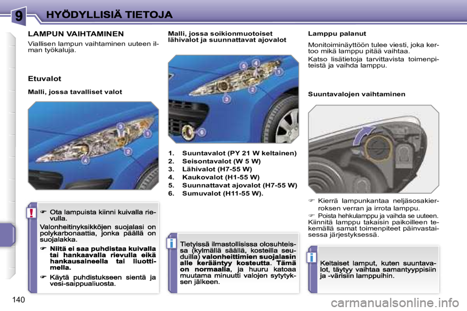 PEUGEOT 207 2007  Omistajan Käsikirja (in Finnish) �!
�i
�i
�1�4�0
�L�A�M�P�U�N� �V�A�I�H�T�A�M�I�N�E�N
�V�i�a�l�l�i�s�e�n� �l�a�m�p�u�n� �v�a�i�h�t�a�m�i�n�e�n� �u�u�t�e�e�n� �i�l�-�m�a�n� �t�y�ö�k�a�l�u�j�a�.
�1�.�  �S�u�u�n�t�a�v�a�l�o�t� �(�P�Y� 