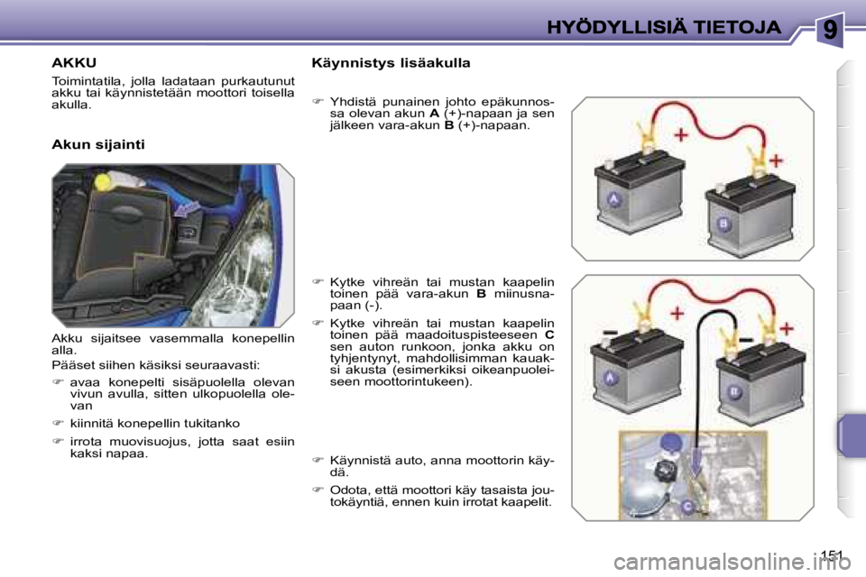 PEUGEOT 207 2007  Omistajan Käsikirja (in Finnish) �1�5�1
�A�K�K�U
�T�o�i�m�i�n�t�a�t�i�l�a�,�  �j�o�l�l�a�  �l�a�d�a�t�a�a�n�  �p�u�r�k�a�u�t�u�n�u�t� �a�k�k�u�  �t�a�i�  �k�ä�y�n�n�i�s�t�e�t�ä�ä�n�  �m�o�o�t�t�o�r�i�  �t�o�i�s�e�l�l�a� �a�k�u�l�l