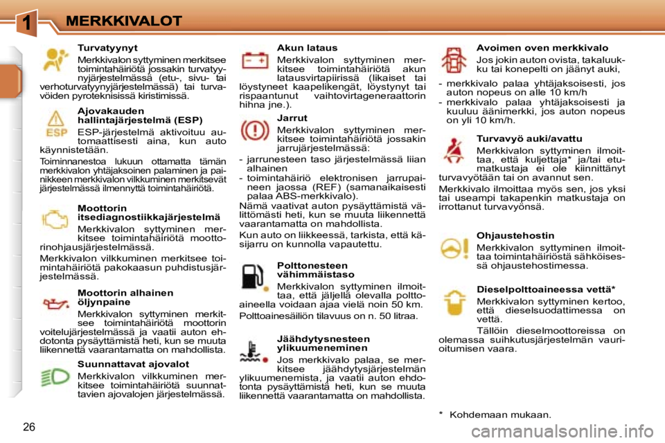 PEUGEOT 207 2007  Omistajan Käsikirja (in Finnish) �2�6
�T�u�r�v�a�t�y�y�n�y�t
�M�e�r�k�k�i�v�a�l�o�n� �s�y�t�t�y�m�i�n�e�n� �m�e�r�k�i�t�s�e�e� �t�o�i�m�i�n�t�a�h�ä�i�r�i�ö�t�ä� �j�o�s�s�a�k�i�n� �t�u�r�v�a�t�y�y�-�n�y�j�ä�r�j�e�s�t�e�l�m�ä�s�s�