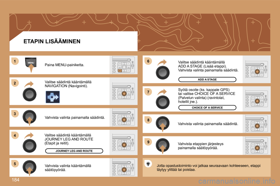 PEUGEOT 207 2007  Omistajan Käsikirja (in Finnish) �1�8�4
�1�1
�2�2
�3�3
�4�4
�6�6
�5�5
�7�7
�8�8
�9�9
�E�T�A�P�I�N� �L�I�S�Ä�Ä�M�I�N�E�N
�P�a�i�n�a� �M�E�N�U�-�p�a�i�n�i�k�e�t�t�a�.
�V�a�l�i�t�s�e� �s�ä�ä�d�i�n�t�ä� �k�ä�ä�n�t�ä�m�ä�l�l�ä� 