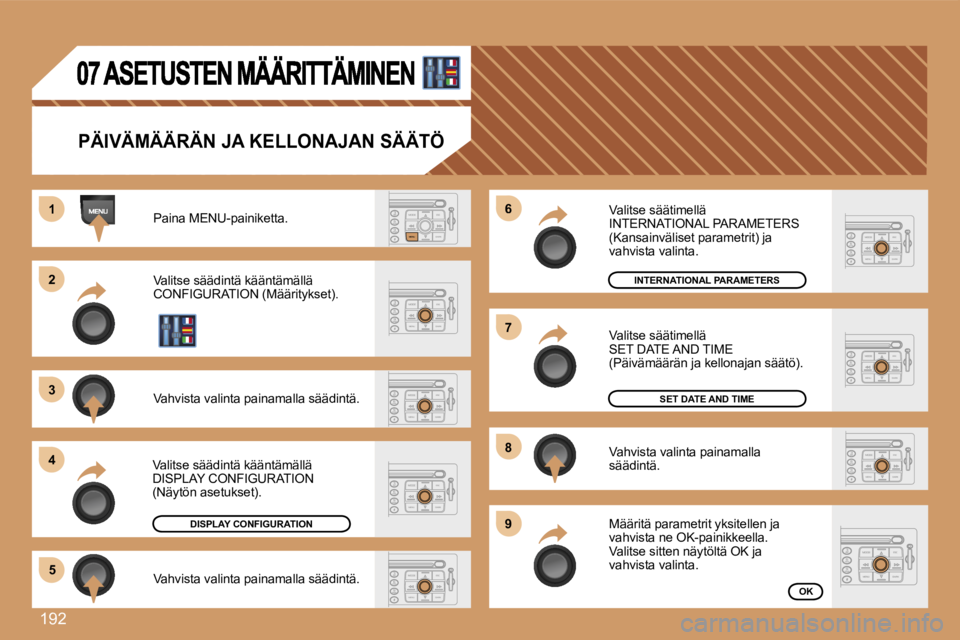 PEUGEOT 207 2007  Omistajan Käsikirja (in Finnish) �1�9�2
�1�1
�2�2
�3�3
�4�4
�5�5
�6�6
�7�7
�8�8
�9�9
�P�Ä�I�V�Ä�M�Ä�Ä�R�Ä�N� �J�A� �K�E�L�L�O�N�A�J�A�N� �S�Ä�Ä�T�Ö
�P�a�i�n�a� �M�E�N�U�-�p�a�i�n�i�k�e�t�t�a�.
�V�a�l�i�t�s�e� �s�ä�ä�d�i�n�t