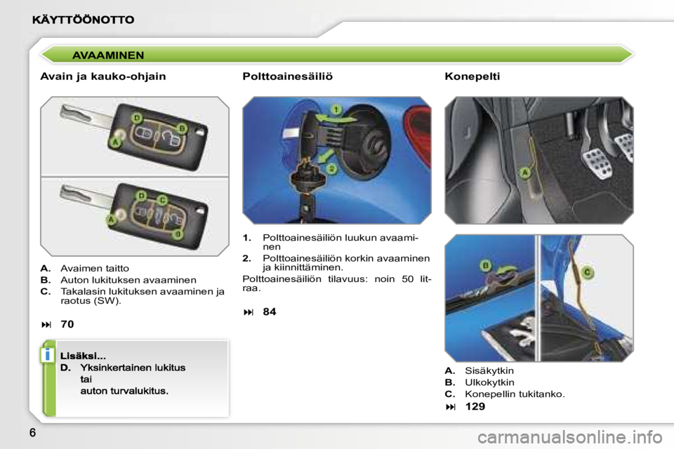 PEUGEOT 207 2007  Omistajan Käsikirja (in Finnish) �i
�A�V�A�A�M�I�N�E�N
�A�v�a�i�n� �j�a� �k�a�u�k�o�-�o�h�j�a�i�n
�A�.�  �A�v�a�i�m�e�n� �t�a�i�t�t�o
�B�.�  �A�u�t�o�n� �l�u�k�i�t�u�k�s�e�n� �a�v�a�a�m�i�n�e�n
�C�.�  �T�a�k�a�l�a�s�i�n� �l�u�k�i�t�u