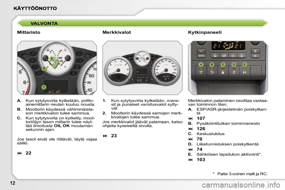 PEUGEOT 207 2007  Omistajan Käsikirja (in Finnish) �V�A�L�V�O�N�T�A
�M�i�t�t�a�r�i�s�t�o�K�y�t�k�i�n�p�a�n�e�e�l�i
�A�.�  �K�u�n� �s�y�t�y�t�y�s�v�i�r�t�a� �k�y�t�k�e�t�ä�ä�n�,� �p�o�l�t�t�o�-�a�i�n�e�m�i�t�t�a�r�i�n� �n�e�u�l�a�n� �k�u�u�l�u�u� �n�