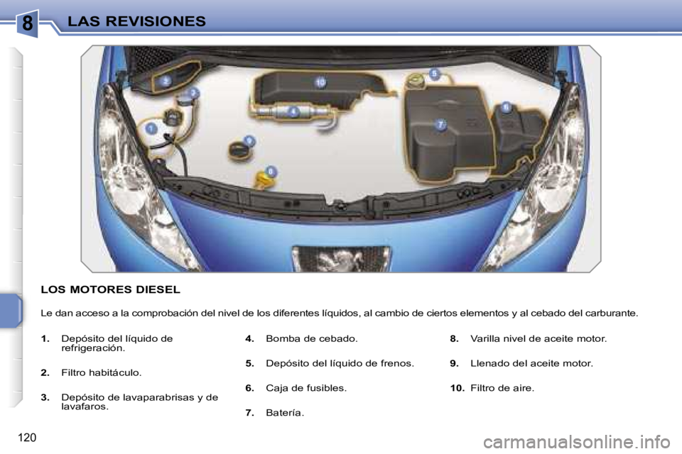 PEUGEOT 207 2006.5  Manual del propietario (in Spanish) �8�L�A�S� �R�E�V�I�S�I�O�N�E�S
�1�2�0
�L�O�S� �M�O�T�O�R�E�S� �D�I�E�S�E�L
�L�e� �d�a�n� �a�c�c�e�s�o� �a� �l�a� �c�o�m�p�r�o�b�a�c�i�ó�n� �d�e�l� �n�i�v�e�l� �d�e� �l�o�s� �d�i�f�e�r�e�n�t�e�s� �l�