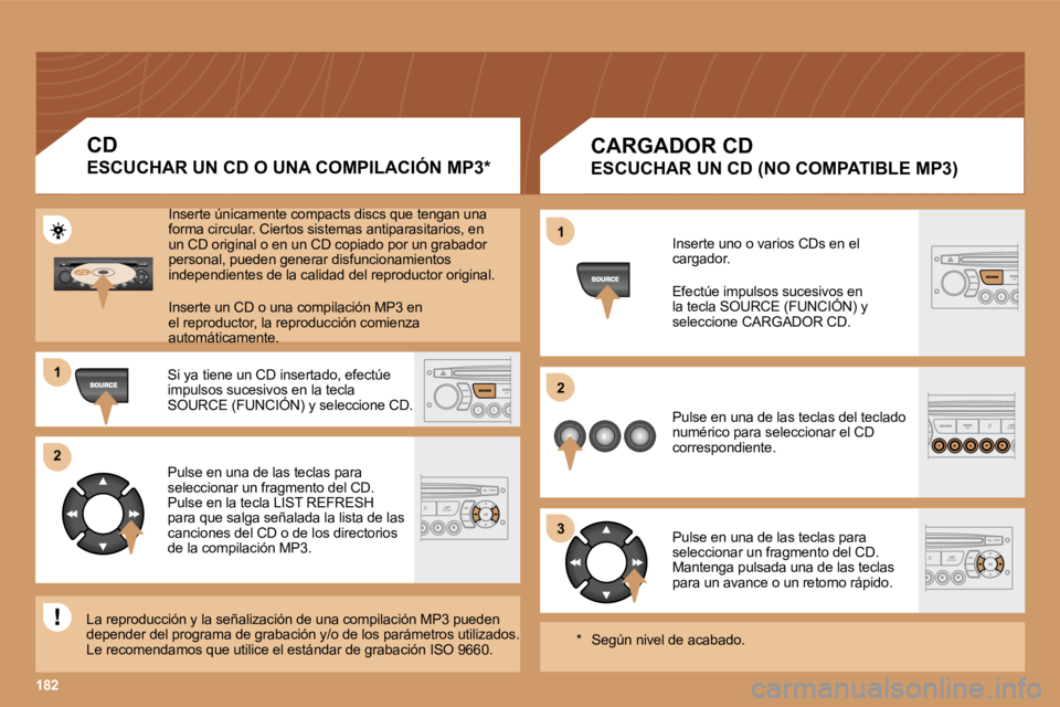 PEUGEOT 207 2006.5  Manual del propietario (in Spanish) �1 
�2 
�3
�1�8�2
�1 
�2
�C�A�R�G�A�D�O�R� �C�D
�E�S�C�U�C�H�A�R� �U�N� �C�D� �(�N�O� �C�O�M�P�A�T�I�B�L�E� �M�P�3�)
�I�n�s�e�r�t�e� �u�n�o� �o� �v�a�r�i�o�s� �C�D�s� �e�n� �e�l�  
�c�a�r�g�a�d�o�r�. 
