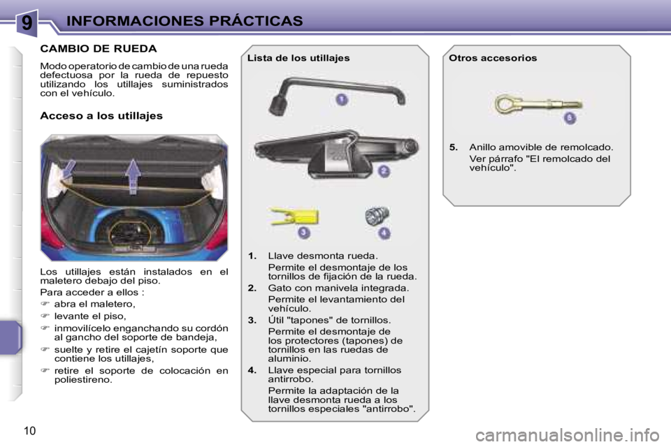 PEUGEOT 207 2006.5  Manual del propietario (in Spanish) �9�I�N�F�O�R�M�A�C�I�O�N�E�S� �P�R�Á�C�T�I�C�A�S
�1�0
�C�A�M�B�I�O� �D�E� �R�U�E�D�A
�M�o�d�o� �o�p�e�r�a�t�o�r�i�o� �d�e� �c�a�m�b�i�o� �d�e� �u�n�a� �r�u�e�d�a�  
�d�e�f�e�c�t�u�o�s�a�  �p�o�r�  �l