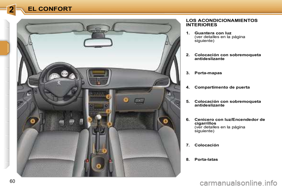 PEUGEOT 207 2006.5  Manual del propietario (in Spanish) �2�E�L� �C�O�N�F�O�R�T
�6�0
�L�O�S� �A�C�O�N�D�I�C�I�O�N�A�M�I�E�N�T�O�S�  
�I�N�T�E�R�I�O�R�E�S
�1�.�  �G�u�a�n�t�e�r�a� �c�o�n� �l�u�z� �(�v�e�r� �d�e�t�a�l�l�e�s� �e�n� �l�a� �p�á�g�i�n�a�  
�s�i�