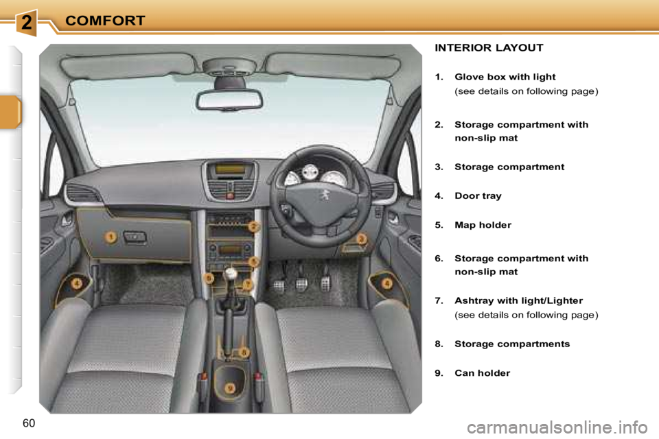 PEUGEOT 207 2005.5  Owners Manual �2�C�O�M�F�O�R�T
�6�0
�I�N�T�E�R�I�O�R� �L�A�Y�O�U�T
�1�.�  �G�l�o�v�e� �b�o�x� �w�i�t�h� �l�i�g�h�t 
�  �(�s�e�e� �d�e�t�a�i�l�s� �o�n� �f�o�l�l�o�w�i�n�g� �p�a�g�e�) 
�2�.�  �S�t�o�r�a�g�e� �c�o�m�p