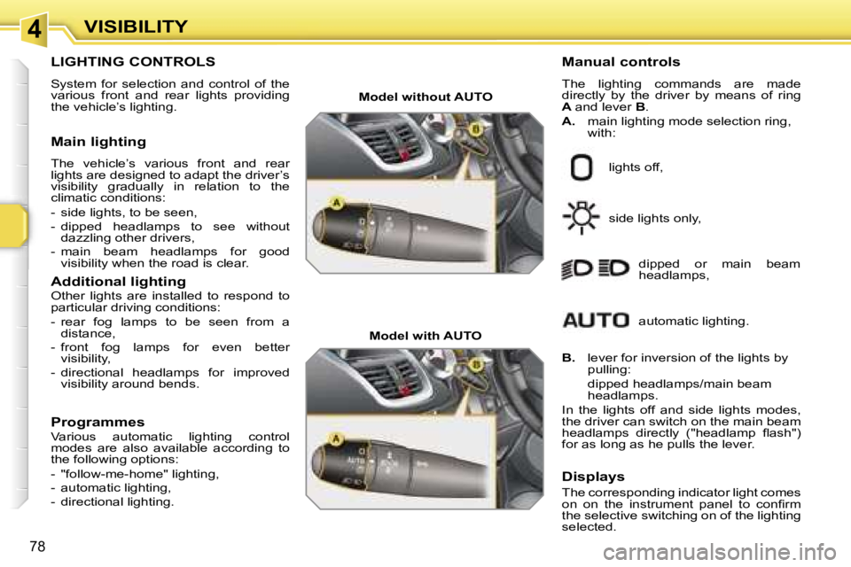 PEUGEOT 207 2005.5  Owners Manual �4�V�I�S�I�B�I�L�I�T�Y
�7�8
�L�I�G�H�T�I�N�G� �C�O�N�T�R�O�L�S� 
�S�y�s�t�e�m�  �f�o�r�  �s�e�l�e�c�t�i�o�n�  �a�n�d�  �c�o�n�t�r�o�l�  �o�f�  �t�h�e�  
�v�a�r�i�o�u�s�  �f�r�o�n�t�  �a�n�d�  �r�e�a�r