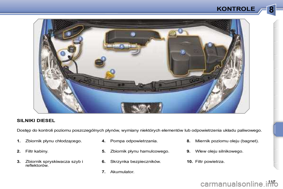 PEUGEOT 207 2005.5  Instrukcja obsługi (in Polish) �8�K�O�N�T�R�O�L�E
�1�1�7
�S�I�L�N�I�K�I� �D�I�E�S�E�L
�D�o�s�t
�p� �d�o� �k�o�n�t�r�o�l�i� �p�o�z�i�o�m�u� �p�o�s�z�c�z�e�g�ó�l�n�y�c�h� �p�ł�y�n�ó�w�,� �w�y�m�i�a�n�y� �n�i�e�k�t�ó�r�y�c�h� �e�