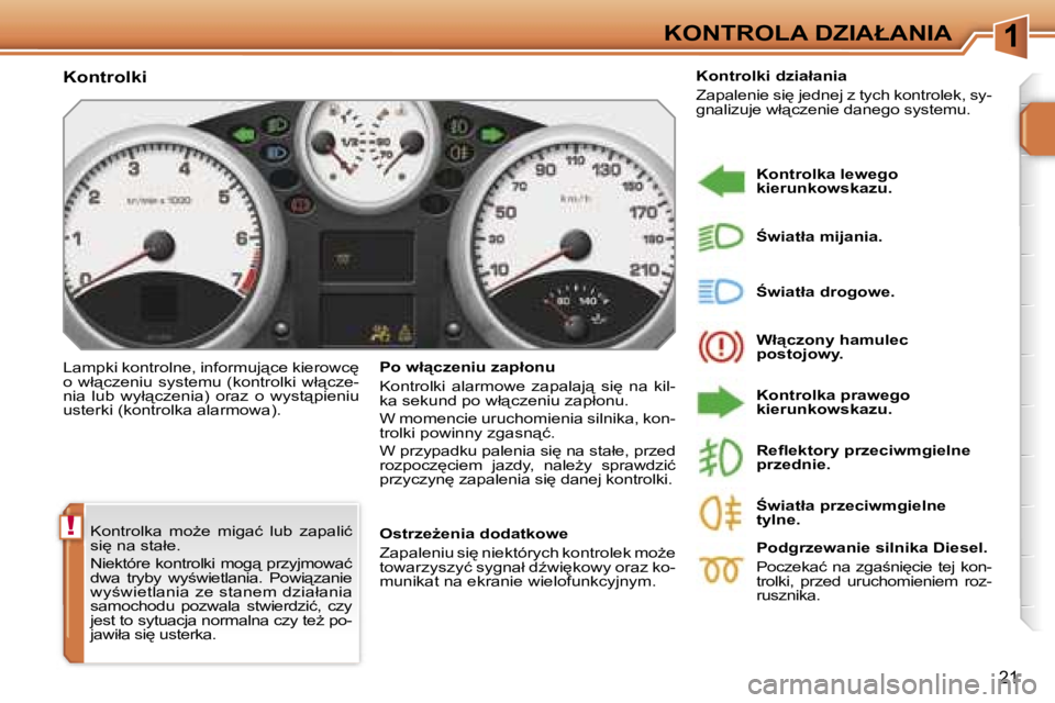 PEUGEOT 207 2005.5  Instrukcja obsługi (in Polish) �1
�!
�K�O�N�T�R�O�L�A� �D�Z�I�A�Ł�A�N�I�A
�2�1
�K�o�n�t�r�o�l�k�a�  �m�oG�e�  �m�i�g�a�ć�  �l�u�b�  �z�a�p�a�l�i�ć�  
�s�i
� �n�a� �s�t�a�ł�e�. 
�N�i�e�k�t�ó�r�e� �k�o�n�t�r�o�l�k�i� �m�o�g&#