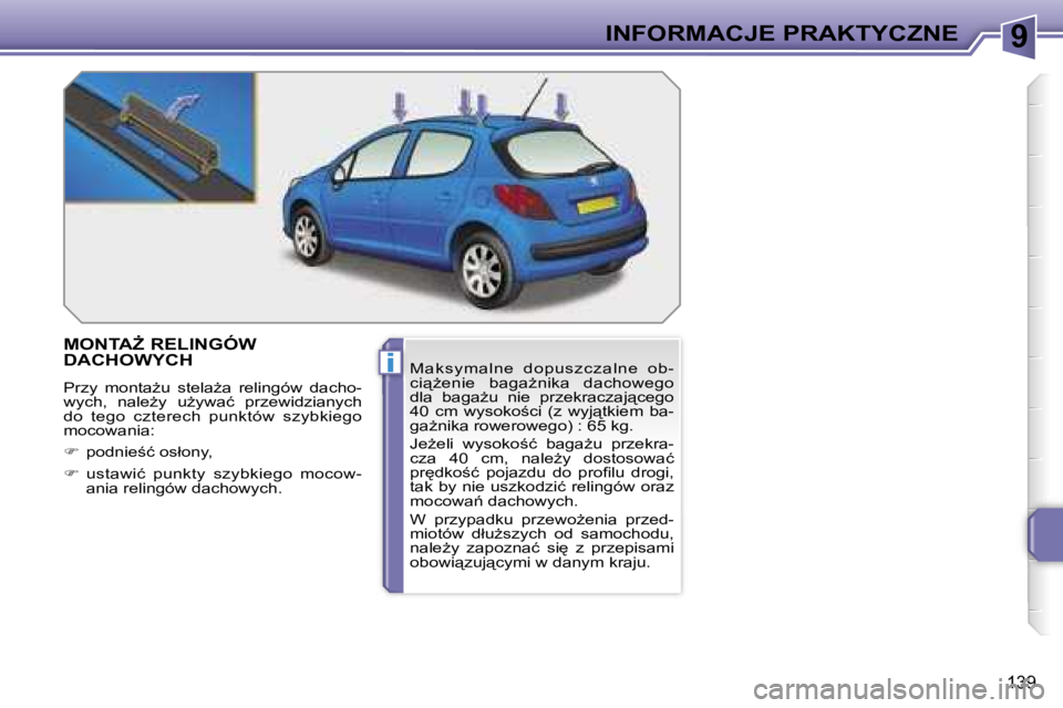 PEUGEOT 207 2005.5  Instrukcja obsługi (in Polish) �9
�i
�I�N�F�O�R�M�A�C�J�E� �P�R�A�K�T�Y�C�Z�N�E
�1�3�9
�M�O�N�T�AF� �R�E�L�I�N�G�Ó�W�  
�D�A�C�H�O�W�Y�C�H
�P�r�z�y�  �m�o�n�t�aG�u�  �s�t�e�l�aG�a�  �r�e�l�i�n�g�ó�w�  �d�a�c�h�o�- 
�w�y�c�h�,�