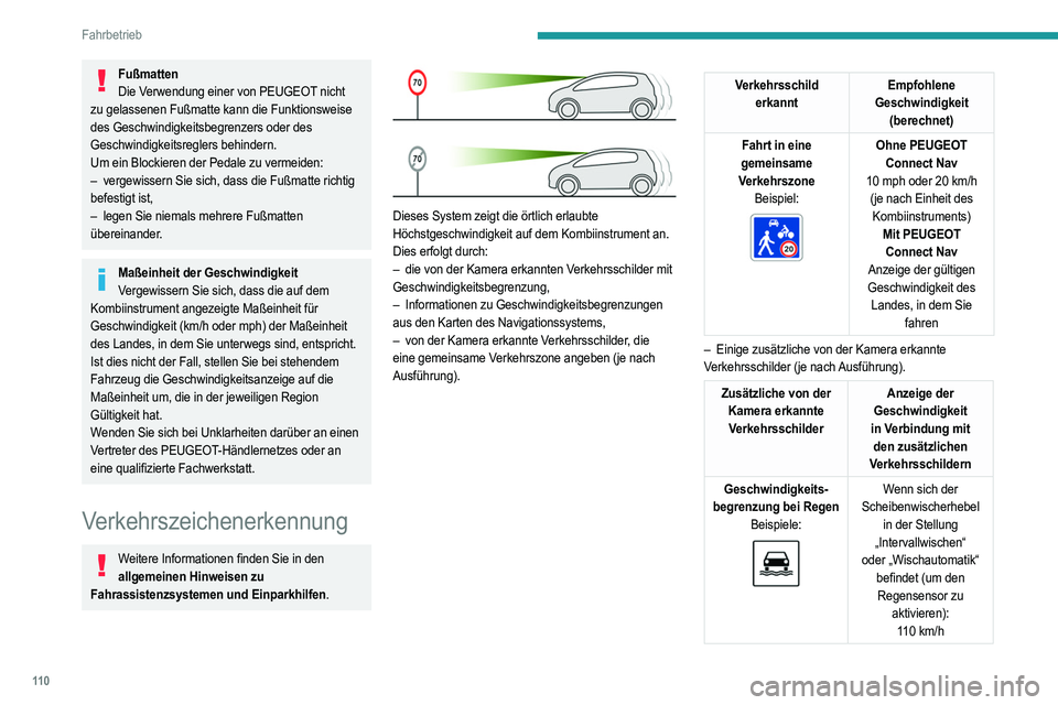 PEUGEOT 208 2021  Betriebsanleitungen (in German) 11 0
Fahrbetrieb
FußmattenDie  Verwendung einer von PEUGEOT nicht 
zu gelassenen Fußmatte kann die Funktionsweise 
des Geschwindigkeitsbegrenzers oder des 
Geschwindigkeitsreglers behindern.
Um ein 