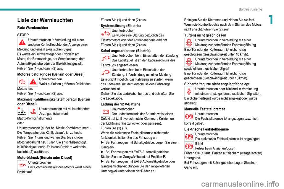 PEUGEOT 208 2021 Betriebsanleitungen (in German) 13
Bordinstrumente
1Liste der Warnleuchten
Rote Warnleuchten
STOPP
Ununterbrochen in Verbindung mit einer anderen Kontrollleuchte, der Anzeige einer
Meldung und einem akustischen Signal
Es wurde ein PEUGEOT 208 2021 Betriebsanleitungen (in German) 13
Bordinstrumente
1Liste der Warnleuchten
Rote Warnleuchten
STOPP
Ununterbrochen in Verbindung mit einer anderen Kontrollleuchte, der Anzeige einer
Meldung und einem akustischen Signal
Es wurde ein