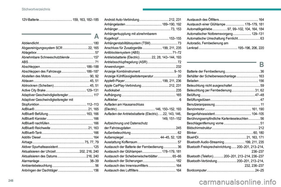 PEUGEOT 208 2021 Betriebsanleitungen (in German) 248
Stichwortverzeichnis
12V-Batterie 159, 163, 182–185
A
Abblendlicht 180
Abgasreinigungssystem SCR
22, 165
Ablagebox
57
Abnehmbare Schneeschutzblende
157
ABS
71
Abschlepp PEUGEOT 208 2021 Betriebsanleitungen (in German) 248
Stichwortverzeichnis
12V-Batterie 159, 163, 182–185
A
Abblendlicht 180
Abgasreinigungssystem SCR
22, 165
Ablagebox
57
Abnehmbare Schneeschutzblende
157
ABS
71
Abschlepp