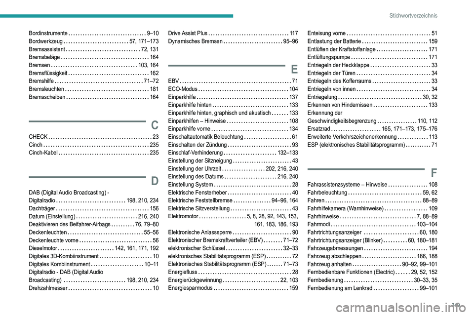 PEUGEOT 208 2021 Betriebsanleitungen (in German) 249
Stichwortverzeichnis
Bordinstrumente 9–10
Bordwerkzeug
57, 171–173
Bremsassistent
72, 131
Bremsbeläge
164
Bremsen
103, 164
Bremsflüssigkeit
162
Bremshilfe
7 PEUGEOT 208 2021 Betriebsanleitungen (in German) 249
Stichwortverzeichnis
Bordinstrumente 9–10
Bordwerkzeug
57, 171–173
Bremsassistent
72, 131
Bremsbeläge
164
Bremsen
103, 164
Bremsflüssigkeit
162
Bremshilfe
7