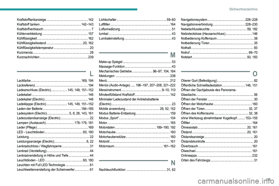 PEUGEOT 208 2021 Betriebsanleitungen (in German) 251
Stichwortverzeichnis
Kraftstofftankanzeige 142
Kraftstoff tanken
142–143
Kraftstoffverbrauch
7
Kühlerverkleidung
157
Kühlflüssigkeit
162
Kühlflüssigkeitsstand
20 PEUGEOT 208 2021 Betriebsanleitungen (in German) 251
Stichwortverzeichnis
Kraftstofftankanzeige 142
Kraftstoff tanken
142–143
Kraftstoffverbrauch
7
Kühlerverkleidung
157
Kühlflüssigkeit
162
Kühlflüssigkeitsstand
20