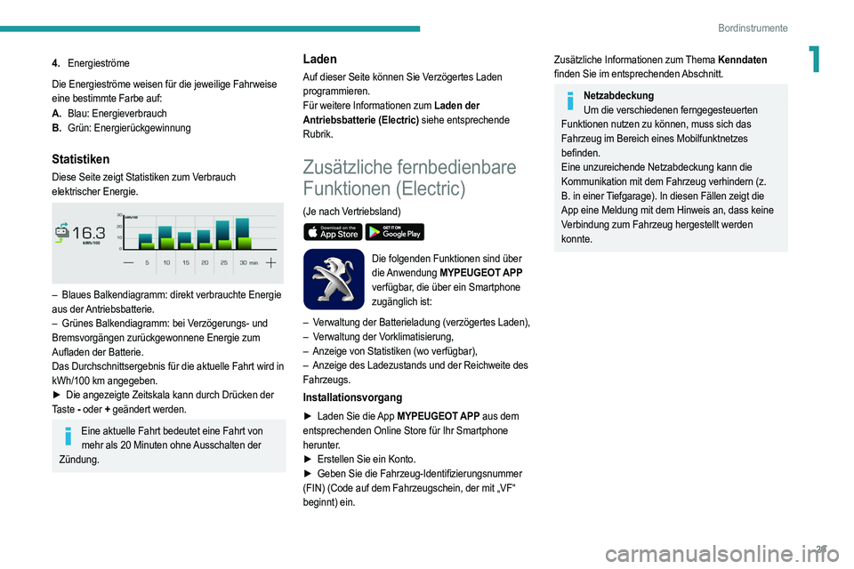 PEUGEOT 208 2021  Betriebsanleitungen (in German) 29
Bordinstrumente
14.Energieströme
Die Energieströme weisen für die jeweilige Fahrweise 
eine bestimmte Farbe auf:
A. Blau: Energieverbrauch
B. Grün: Energierückgewinnung
Statistiken
Diese Seite