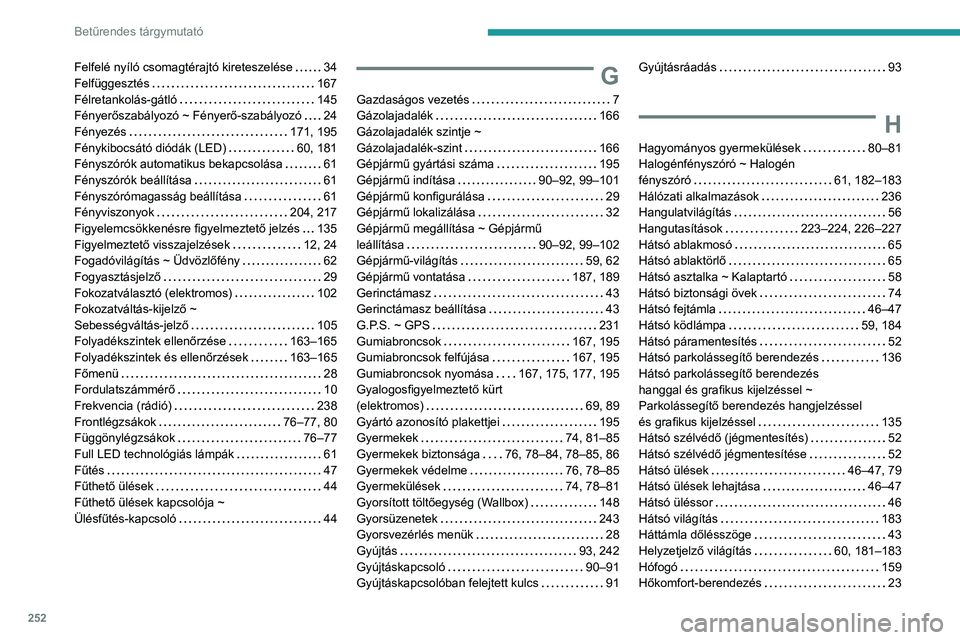 PEUGEOT 208 2021  Kezelési útmutató (in Hungarian) 252
Betűrendes tárgymutató
Felfelé nyíló csomagtérajtó kireteszelése     34
Felfüggesztés     
167
Félretankolás-gátló
    
145
Fényerőszabályozó ~ Fényerő-szabályozó
    
24
F