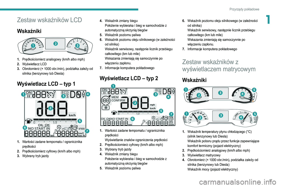 PEUGEOT 208 2021  Instrukcja obsługi (in Polish) 9
Przyrządy pokładowe
1Zestaw wskaźników LCD
Wskaźniki 
 
1.Prędkościomierz analogowy (km/h albo mph)
2. Wyświetlacz LCD
3. Obrotomierz (× 1000 obr./min), podziałka zależy od 
silnika (benz
