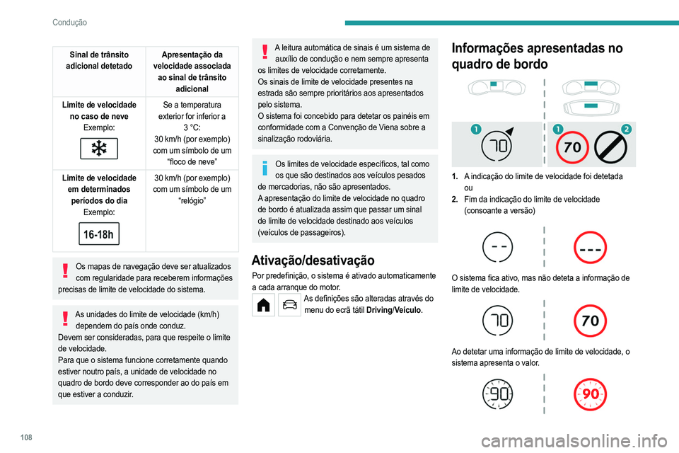 PEUGEOT 208 2021 Manual de utilização (in Portuguese) 108
Condução
No caso de uma sugestão de velocidade máxima,
a primeira vez que o veículo excede-a em mais
de 5 km/h (por exemplo, 95 km/h), a velocidade é
apresentada de maneira intermitente PEUGEOT 208 2021 Manual de utilização (in Portuguese) 108
Condução
No caso de uma sugestão de velocidade máxima,
a primeira vez que o veículo excede-a em mais
de 5 km/h (por exemplo, 95 km/h), a velocidade é
apresentada de maneira intermitente