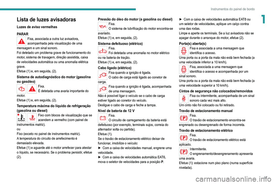 PEUGEOT 208 2021  Manual de utilização (in Portuguese) 13
Instrumentos do painel de bordo
1Lista de luzes avisadoras
Luzes de aviso vermelhas
PARAR
Fixa, associada a outra luz avisadora, acompanhada pela visualização de uma 
mensagem e um sinal sonoro.
