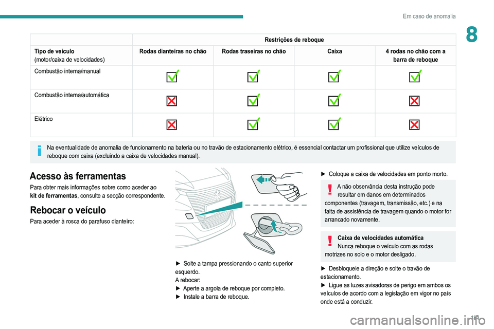PEUGEOT 208 2021 Manual de utilização (in Portuguese) 181
Em caso de anomalia
8Restrições de reboque
Tipo de veículo
(motor/caixa de velocidades) Rodas dianteiras no chão Rodas traseiras no chão
Caixa4 rodas no chão com a
barra de reboque
Combust PEUGEOT 208 2021 Manual de utilização (in Portuguese) 181
Em caso de anomalia
8Restrições de reboque
Tipo de veículo
(motor/caixa de velocidades) Rodas dianteiras no chão Rodas traseiras no chão
Caixa4 rodas no chão com a
barra de reboque
Combust