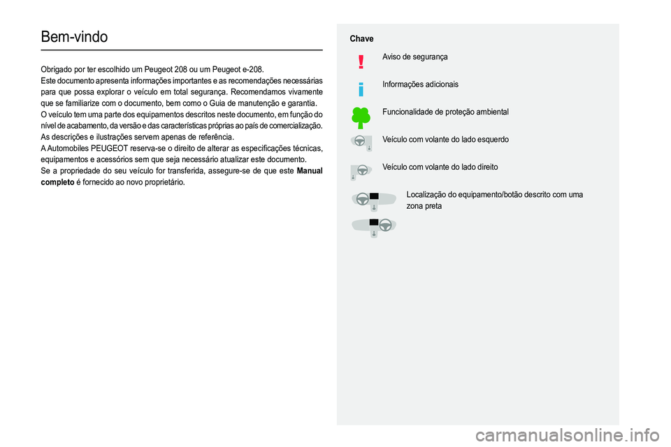 PEUGEOT 208 2021  Manual de utilização (in Portuguese)   
 
 
 
  
   
   
 
  
 
  
 
 
   
 
 
   
 
 
  
Bem-vindo
Obrigado por ter escolhido um Peugeot 208 ou um Peugeot e-208.
Este documento apresenta informações importantes e as recomendaç\
ões 