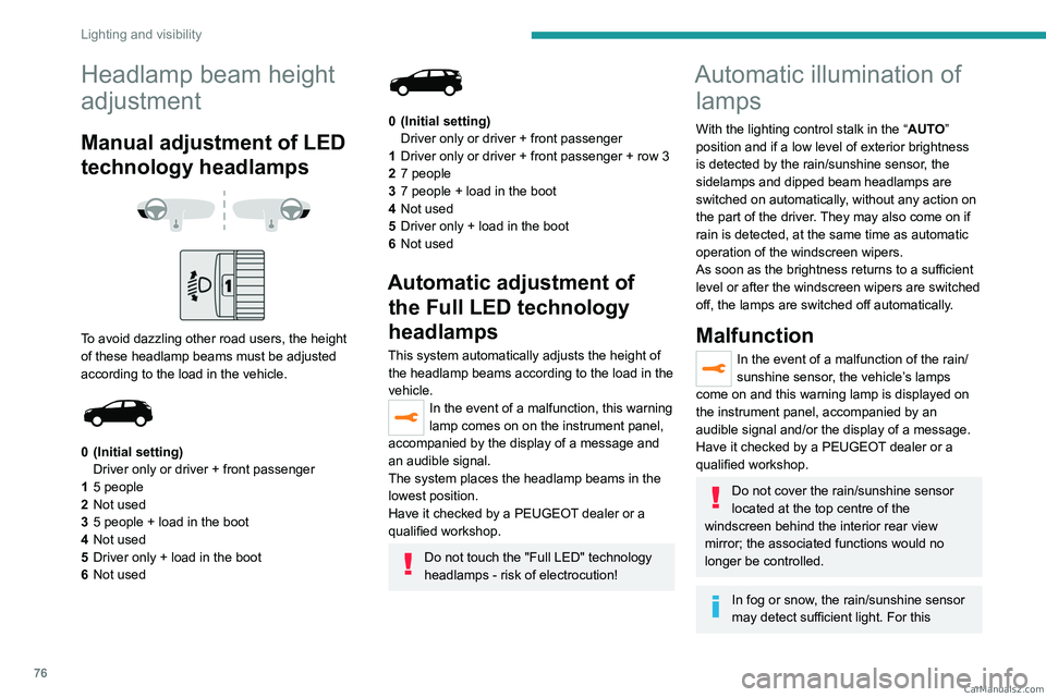 PEUGEOT 3008 2023  Owners Manual 76
Lighting and visibility
Headlamp beam height 
adjustment
Manual adjustment of LED 
technology headlamps
 
 
 
 
To avoid dazzling other road users, the height 
of these headlamp beams must be adjus