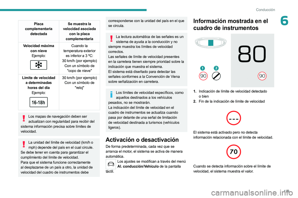 PEUGEOT 3008 2023 Manual del propietario (in Spanish) 139
Conducción
6Placa
complementaria detectada Se muestra la
velocidad asociada con la placa
complementaria
Velocidad máxima con nieveEjemplo:
Cuando la
temperatura exterior es inferior PEUGEOT 3008 2023 Manual del propietario (in Spanish) 139
Conducción
6Placa
complementaria detectada Se muestra la
velocidad asociada con la placa
complementaria
Velocidad máxima con nieveEjemplo:
Cuando la
temperatura exterior es inferior