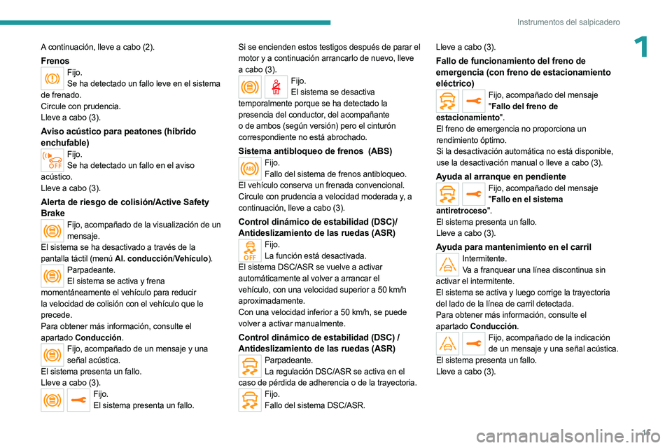 PEUGEOT 3008 2023 Manual del propietario (in Spanish) 15
Instrumentos del salpicadero
1A continuación, lleve a cabo (2).
FrenosFijo.Se ha detectado un fallo leve en el sistema
de frenado.
Circule con prudencia.
Lleve a cabo (3).
Aviso acústico para pe PEUGEOT 3008 2023 Manual del propietario (in Spanish) 15
Instrumentos del salpicadero
1A continuación, lleve a cabo (2).
FrenosFijo.Se ha detectado un fallo leve en el sistema
de frenado.
Circule con prudencia.
Lleve a cabo (3).
Aviso acústico para pe