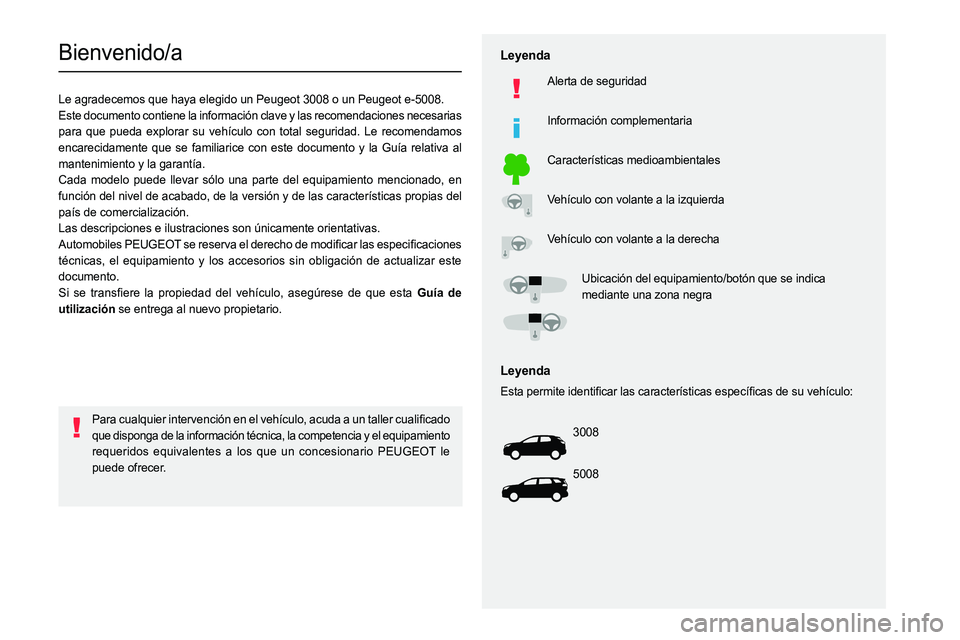 PEUGEOT 3008 2023  Manual del propietario (in Spanish)   
 
 
 
 
 
  
  
   
   
 
  
 
  
 
 
 
   
 
 
  
Bienvenido/a
Le agradecemos que haya elegido un Peugeot 3008 o un Peugeot e-5008.
Este documento contiene la información clave y las recomendacio