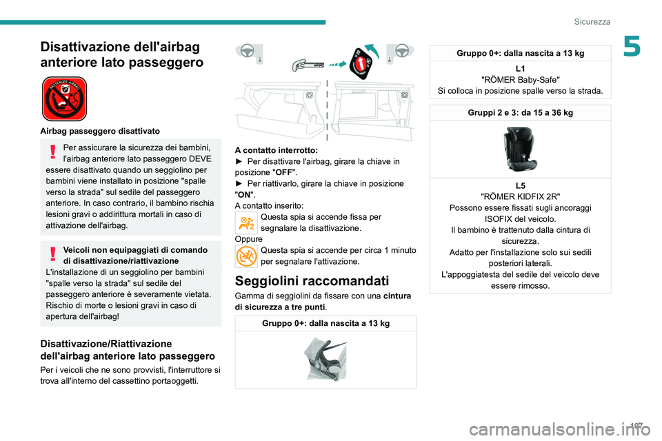 PEUGEOT 3008 2023 Manuale duso (in Italian) 107
Sicurezza
5Disattivazione dell'airbag
anteriore lato passeggero
Airbag passeggero disattivato
Per assicurare la sicurezza dei bambini,
l'airbag anteriore lato passeggero DEVE
essere PEUGEOT 3008 2023 Manuale duso (in Italian) 107
Sicurezza
5Disattivazione dell'airbag
anteriore lato passeggero
Airbag passeggero disattivato
Per assicurare la sicurezza dei bambini,
l'airbag anteriore lato passeggero DEVE
essere
