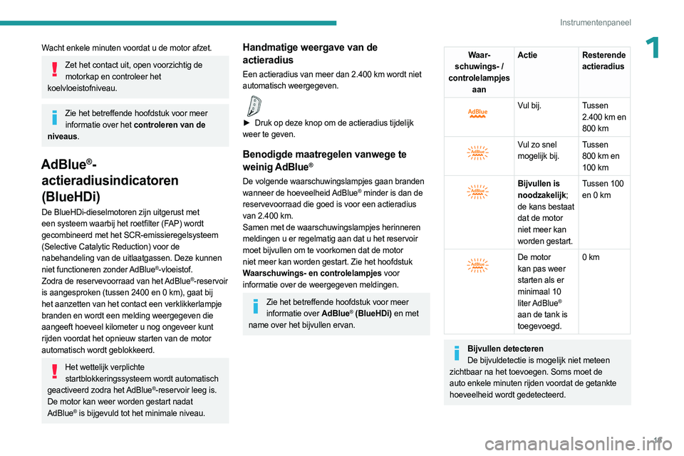 PEUGEOT 3008 2023 Instructieboekje (in Dutch) 19
Instrumentenpaneel
1Wacht enkele minuten voordat u de motor afzet.
Zet het contact uit, open voorzichtig de motorkap en controleer het
koelvloeistofniveau.
Zie het betreffende hoofdstuk voor meer PEUGEOT 3008 2023 Instructieboekje (in Dutch) 19
Instrumentenpaneel
1Wacht enkele minuten voordat u de motor afzet.
Zet het contact uit, open voorzichtig de motorkap en controleer het
koelvloeistofniveau.
Zie het betreffende hoofdstuk voor meer