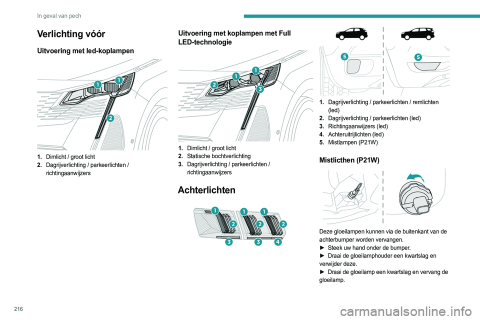PEUGEOT 3008 2023  Instructieboekje (in Dutch) 216
In geval van pech
Verlichting vóór
Uitvoering met led-koplampen 
 
1.Dimlicht / groot licht
2. Dagrijverlichting / parkeerlichten / 
richtingaanwijzers
Uitvoering met koplampen met Full 
LED-tec