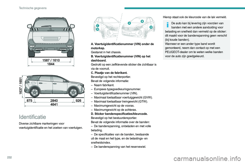 PEUGEOT 3008 2023 Instructieboekje (in Dutch) 232
Technische gegevens
Identificatie
Diverse zichtbare markeringen voor
voertuigidentificatie en het zoeken van voertuigen.
A. Voertuigidentificatienummer (VIN) onder de
motorkap.
Gesta PEUGEOT 3008 2023 Instructieboekje (in Dutch) 232
Technische gegevens
Identificatie
Diverse zichtbare markeringen voor
voertuigidentificatie en het zoeken van voertuigen.
A. Voertuigidentificatienummer (VIN) onder de
motorkap.
Gesta