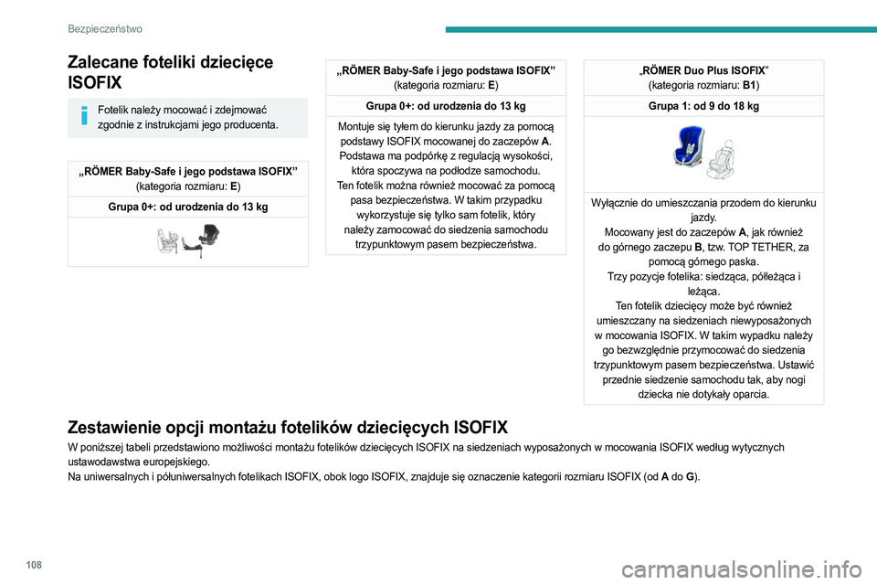 PEUGEOT 3008 2023 Instrukcja obsługi (in Polish) 108
Bezpieczeństwo
Zalecane foteliki dziecięce
ISOFIX
Fotelik należy mocować i zdejmować zgodnie z instrukcjami jego producenta.
„RÖMER Baby-Safe i jego podstawa ISOFIX” (kategoria rozmiaru PEUGEOT 3008 2023 Instrukcja obsługi (in Polish) 108
Bezpieczeństwo
Zalecane foteliki dziecięce
ISOFIX
Fotelik należy mocować i zdejmować zgodnie z instrukcjami jego producenta.
„RÖMER Baby-Safe i jego podstawa ISOFIX” (kategoria rozmiaru