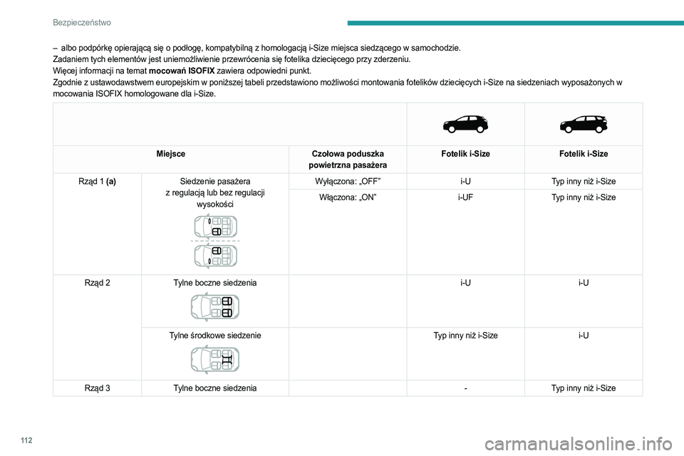 PEUGEOT 3008 2023  Instrukcja obsługi (in Polish) 11 2
Bezpieczeństwo
– albo podpórkę opierającą się o podłogę, kompatybilną z homologacją i-Size miejsca siedzącego w samochodzie.
Zadaniem tych elementów jest uniemożliwienie przewróce