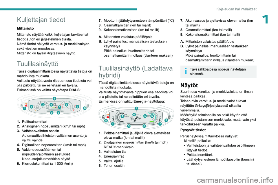PEUGEOT 3008 2023  Omistajan Käsikirja (in Finnish) 9
Kojelaudan hallintalaitteet
1Kuljettajan tiedot
Mittaristo
Mittaristo näyttää kaikki kuljettajan tarvitsemat 
tiedot auton eri järjestelmien tilasta.
Nämä tiedot näkyvät varoitus- ja merkkiv
