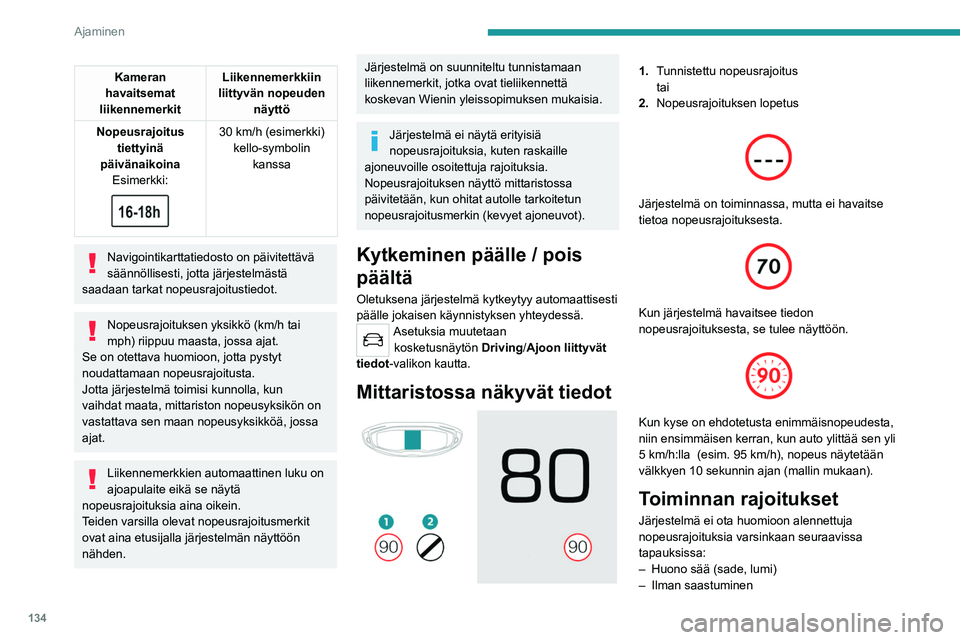 PEUGEOT 3008 2023  Omistajan Käsikirja (in Finnish) 134
Ajaminen
Kameran 
havaitsemat 
liikennemerkit Liikennemerkkiin 
liittyvän nopeuden  näyttö
Nopeusrajoitus  tiettyinä 
päivänaikoina Esimerkki:
 
 
30 km/h (esimerkki) kello-symbolin  kanssa
