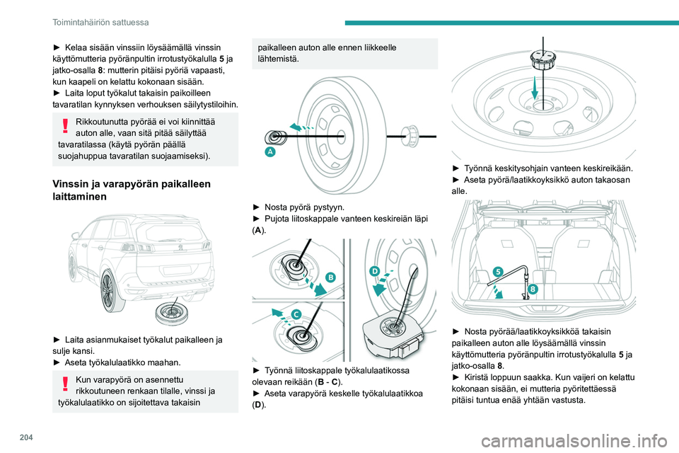 PEUGEOT 3008 2023  Omistajan Käsikirja (in Finnish) 204
Toimintahäiriön sattuessa
►  Kelaa sisään vinssiin löysäämällä vinssin käyttömutteria pyöränpultin irrotustyökalulla 5
 ja 
jatko-osalla  8: mutterin pitäisi pyöriä 