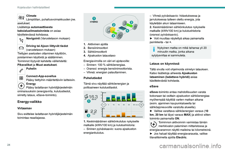 PEUGEOT 3008 2023  Omistajan Käsikirja (in Finnish) 24
Kojelaudan hallintalaitteet
Climate
Lämpötilan, puhallusvoimakkuuden jne. 
asetukset.
Lisätietoja  automaattisesta 
kaksialueilmastoinnista on asiaa 
käsittelevässä kohdassa.
Navigointi  (Var